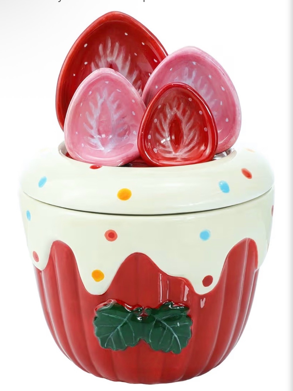 6 Pc Porcelain Strawberry Shortcake Meausuring Bowl / Cup With Lid Red & Cream